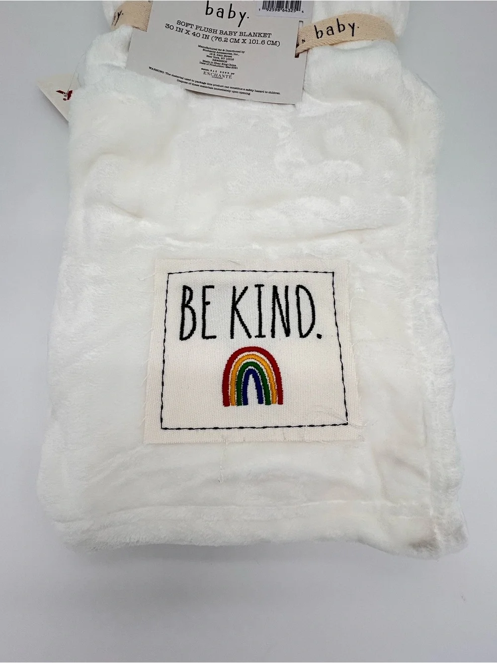 Rae Dunn White Plush Baby Blanket with Rainbow 'Be Kind' Patch